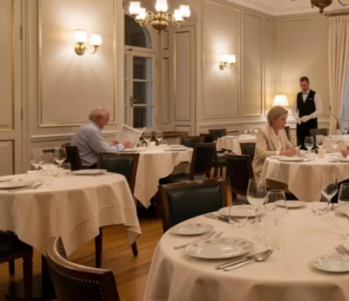 Világos, elegáns éttermi tér meleg fényekkel és terített asztalokkal