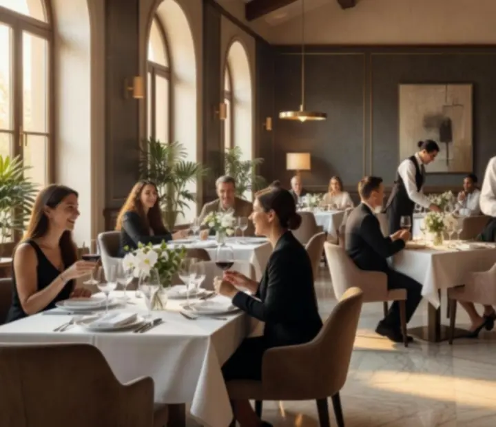 Tágas éttermi tér meleg fényekkel, elegáns terítéssel és társaságokkal a Guide World24-ben